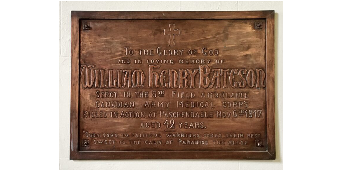 Bronze memorial plaque with a cross, honoring William Henry Bateson of the Canadian Army Medical Corps, killed at Paschendaele, Nov 6, 1917, aged 42.
