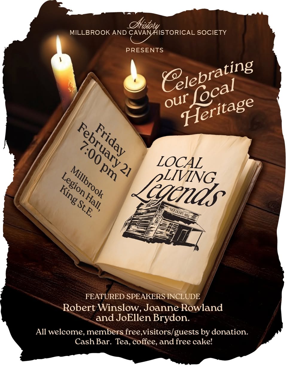 Poster for Millbrook and Cavan Historical Society: open book, candles, and 'Local Living Legends' event details.