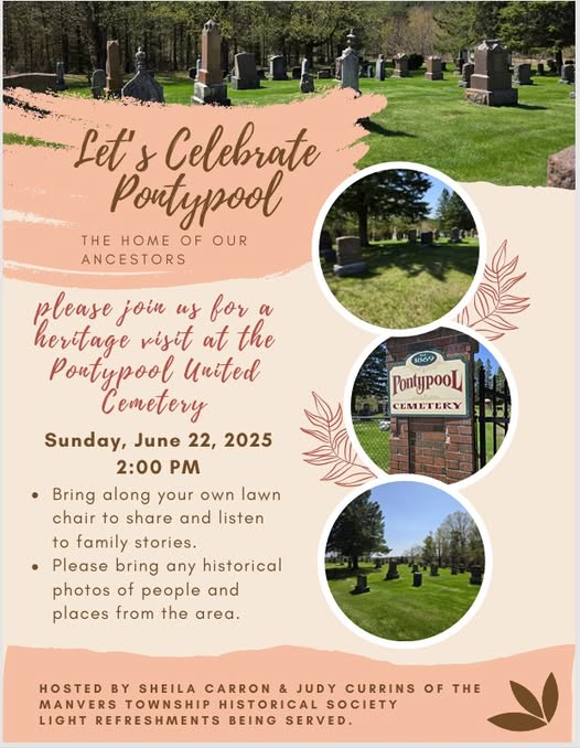 Poster for a Pontypool Cemetery heritage visit: Sunday, June 22, 2025 at 2:00 PM; bring a chair and any historical photos; features three circular cemetery photos.