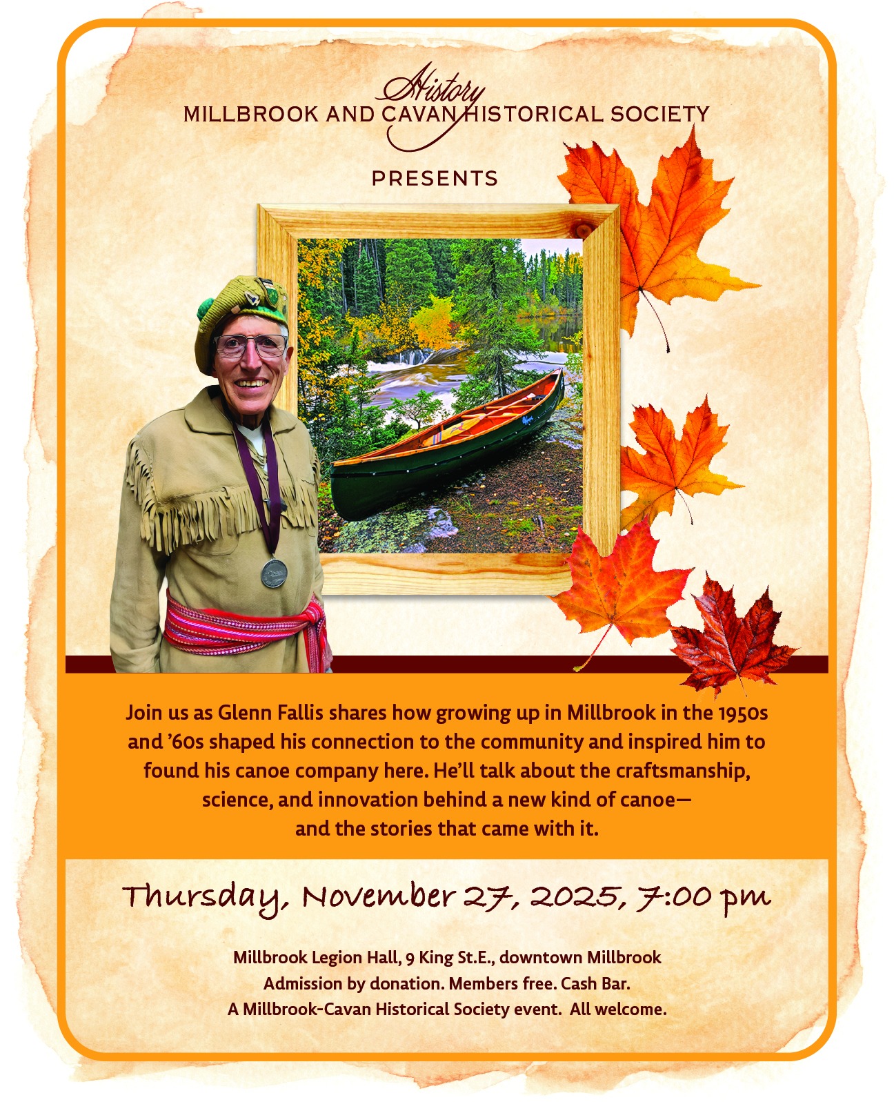 Poster for Millbrook and Cavan Historical Society event showing a man in frontier attire beside a framed autumn canoe scene, with orange banner text detailing the talk and date.