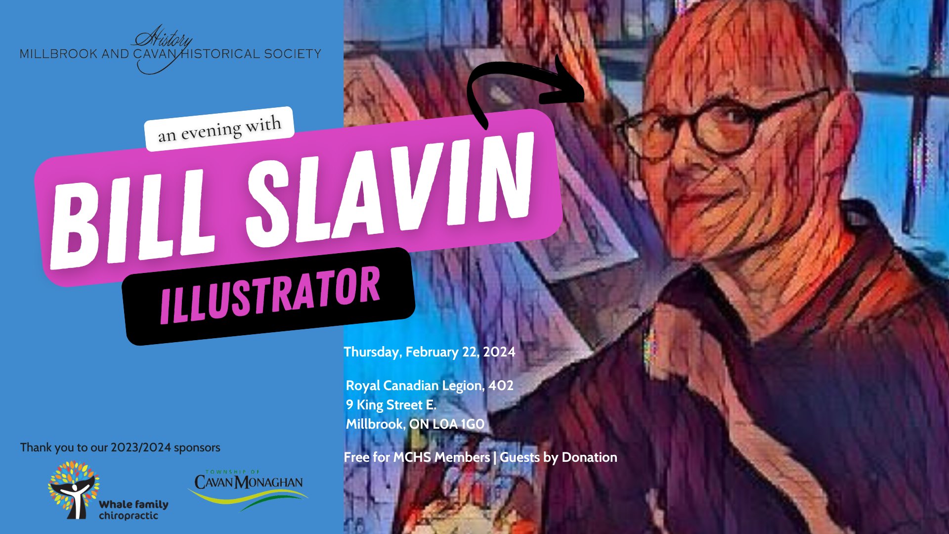 Poster advertising 'An Evening with Bill Slavin' (Illustrator) – blue left panel with sponsor logos, bold pink 'BILL SLAVIN' banner and black 'ILLUSTRATOR' badge, event details and date on the right.