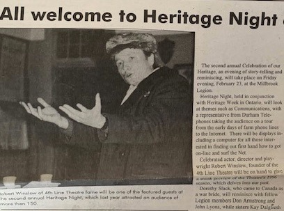 Newspaper photo of a man in a hat giving a talk at Heritage Night; headline reads 'All welcome to Heritage Night'.