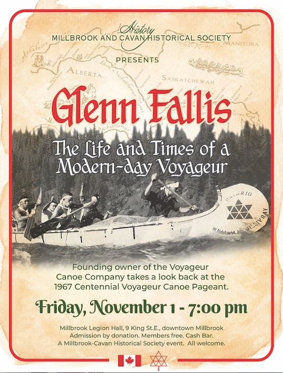 Poster advertising Glenn Fallis: The Life and Times of a Modern-day Voyageur, with Friday, November 1 at 7:00 pm information.